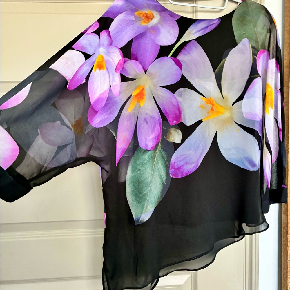 Joseph Ribkoff Black Blouse with Purple Floral Design